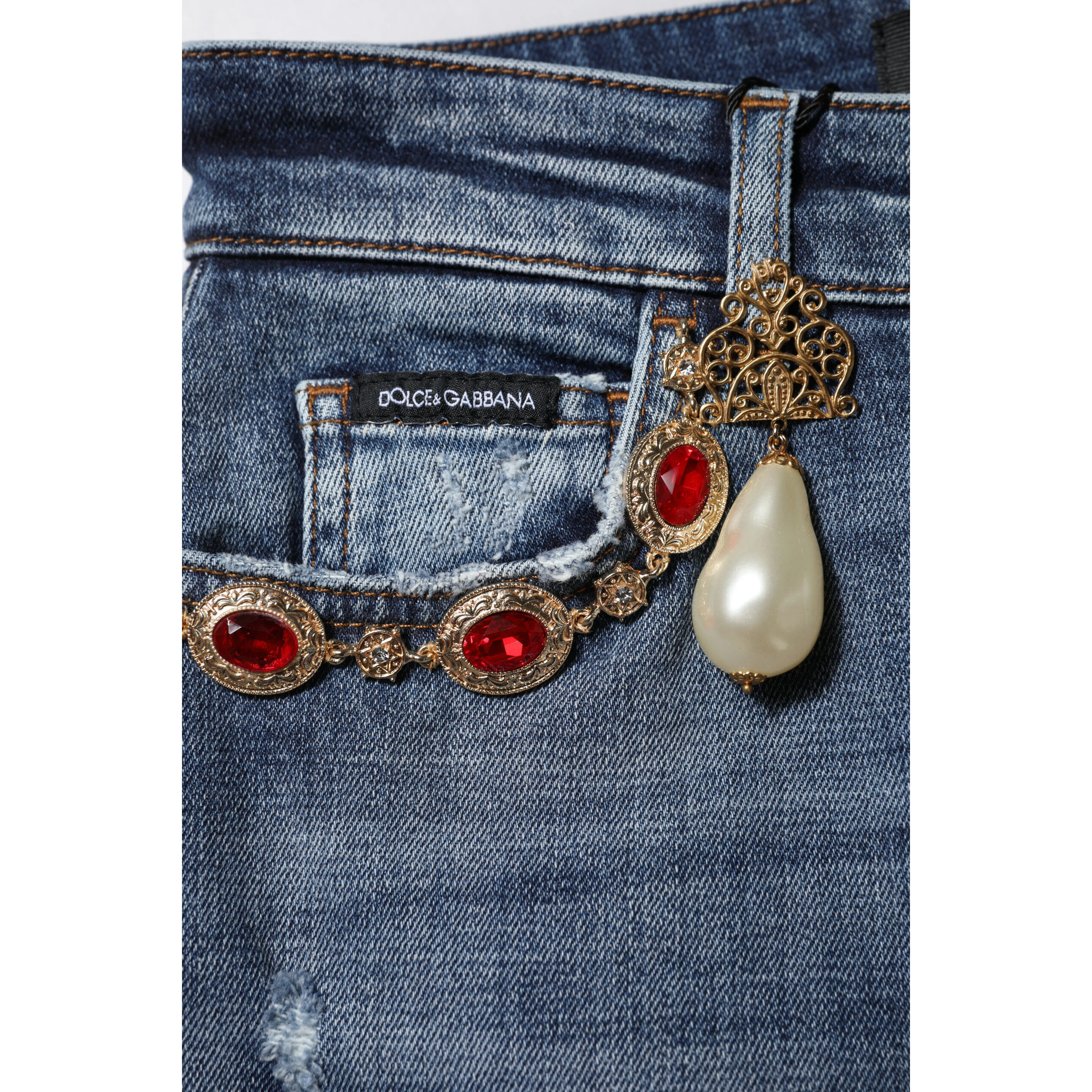 Blue Rhinestone Embellished Denim Jeans