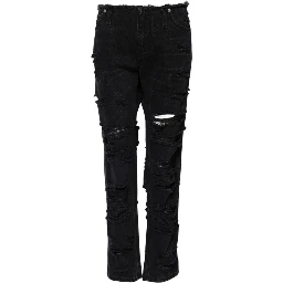 Black Cotton Tattered Mid Waist Denim Jeans