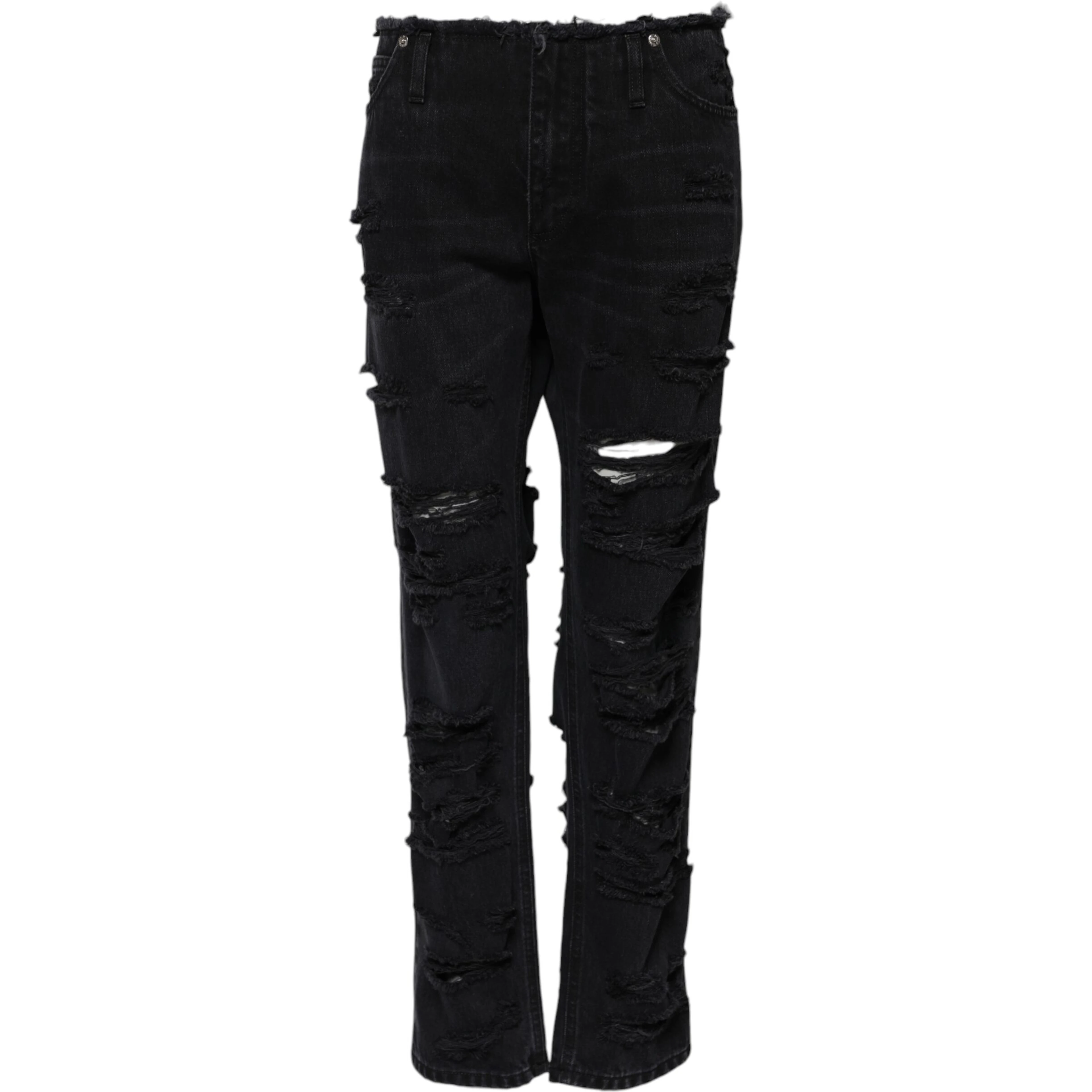 Black Cotton Tattered Mid Waist Denim Jeans