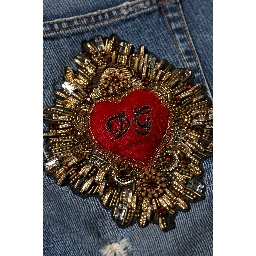Blue Cotton Boyfriend Tattered Denim Jeans