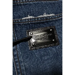 Blue Tattered Cotton Straight Denim Jeans