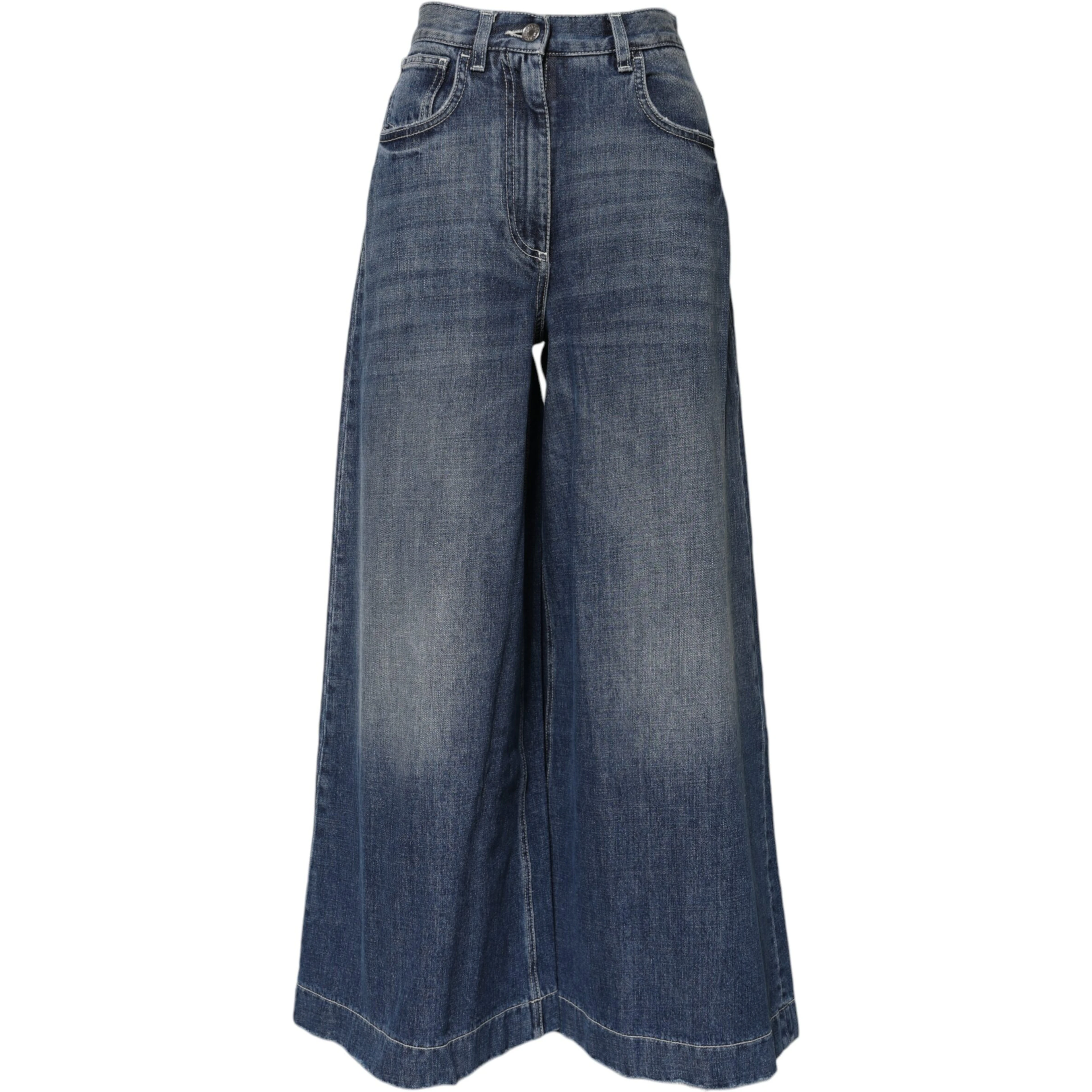 Blue Cotton High Waist Wide Leg Denim Jeans
