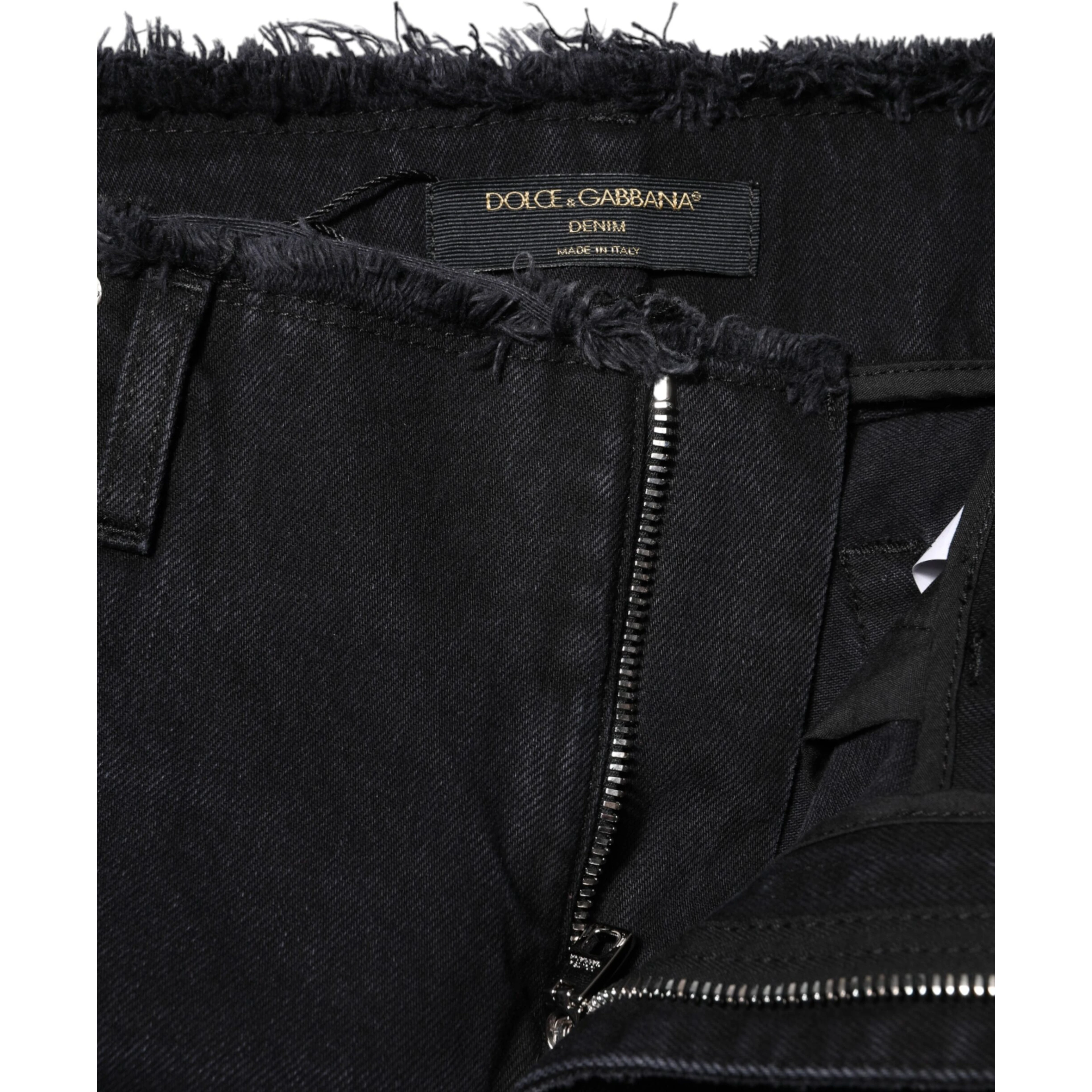 Black Cotton Tattered Mid Waist Denim Jeans