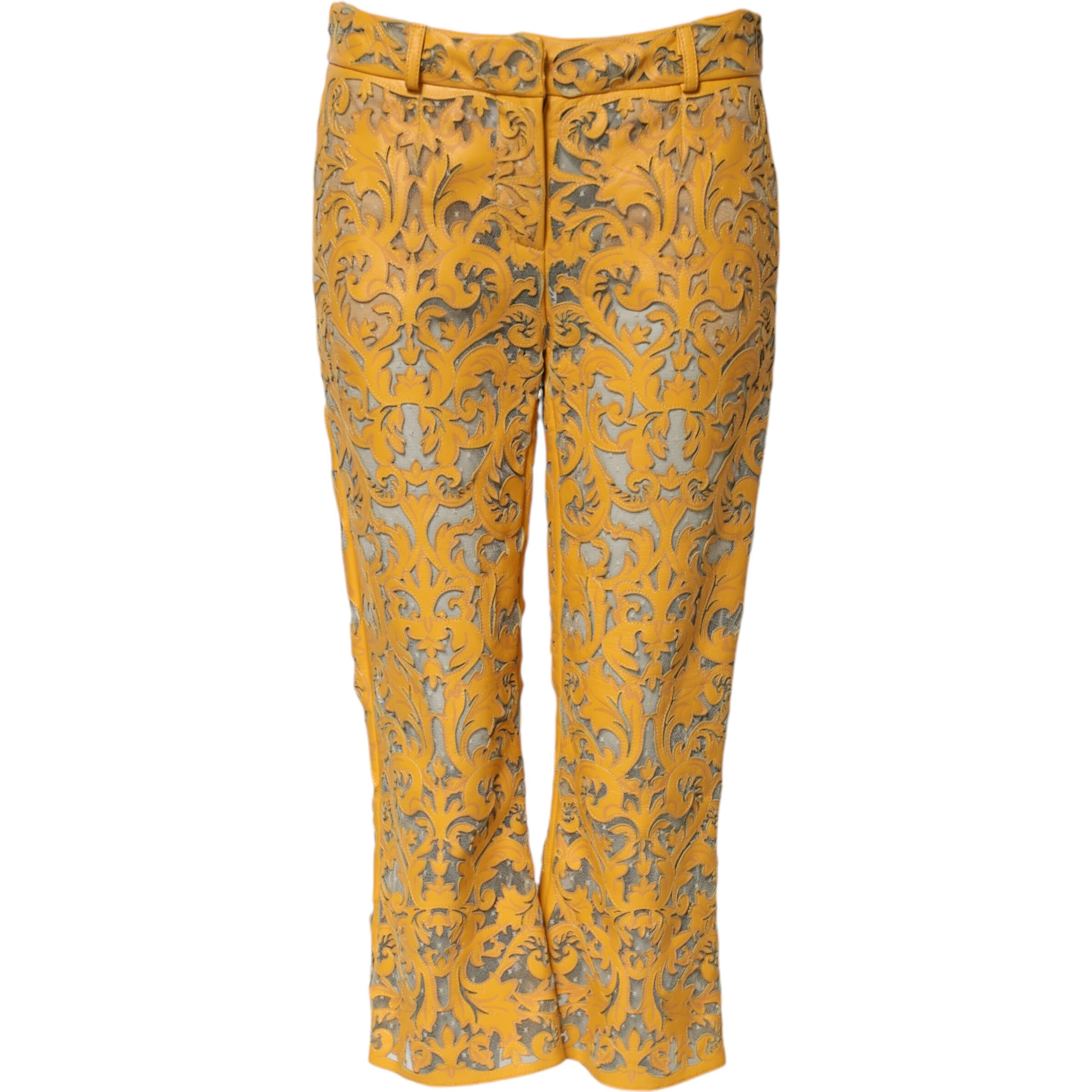 Yellow Floral Lace Mid Waist Capri Pants
