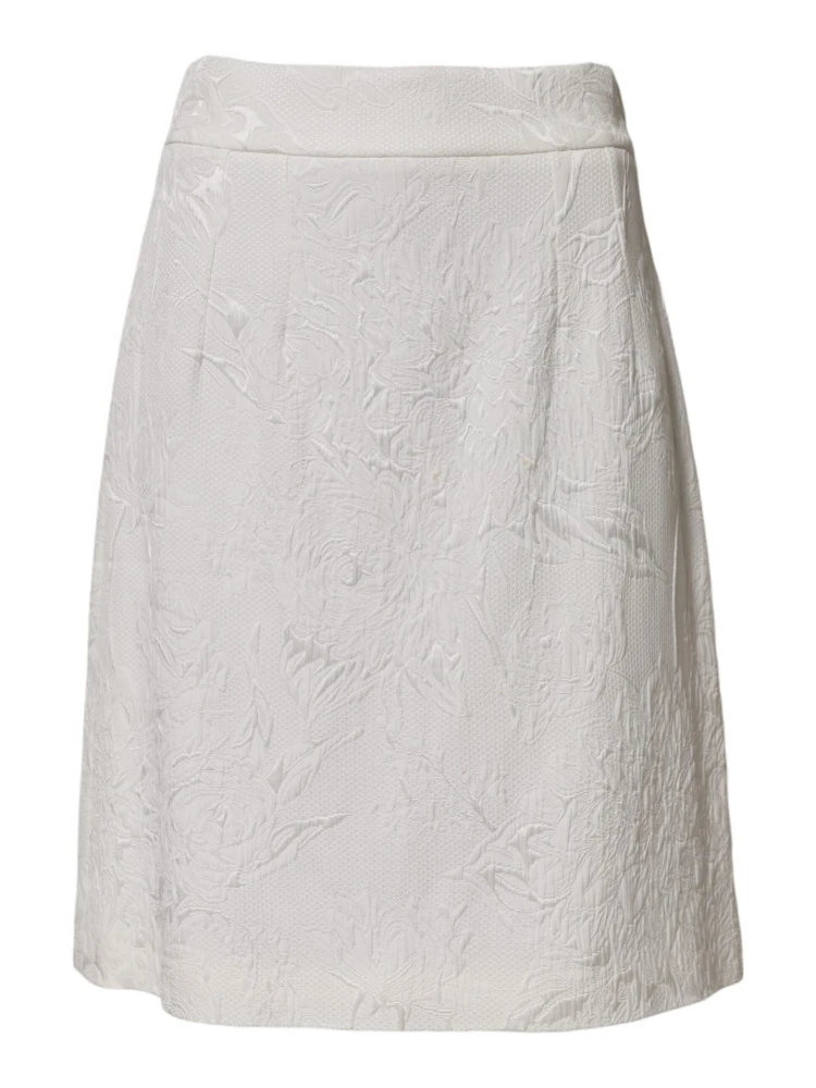 White Floral Brocade A-line High Waist Skirt