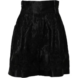 Black Floral Embroidery Silk High Waist Shorts