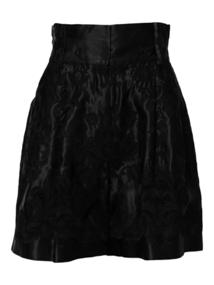 Black Floral Embroidery Silk High Waist Shorts