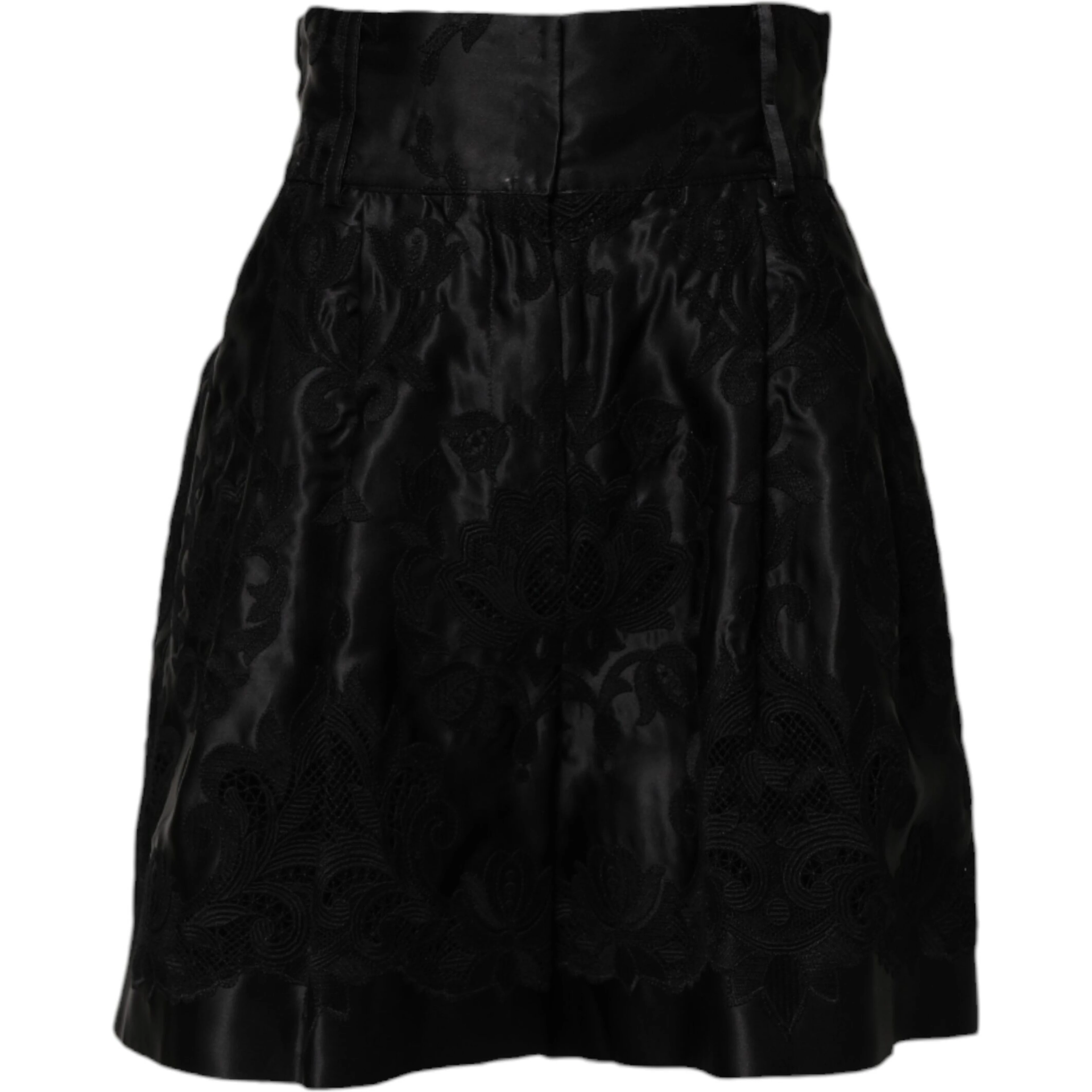 Black Floral Embroidery Silk High Waist Shorts