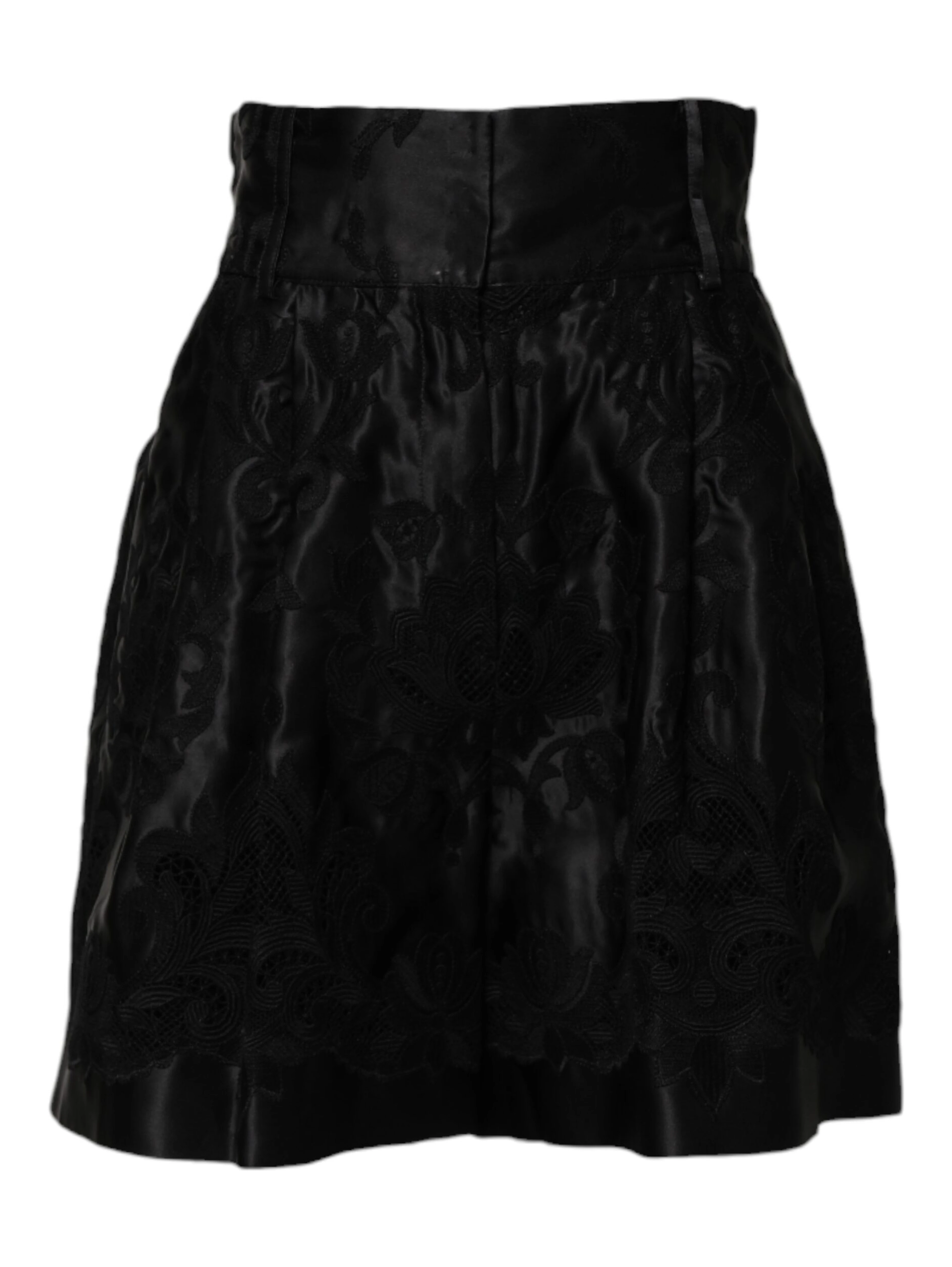 Black Floral Embroidery Silk High Waist Shorts