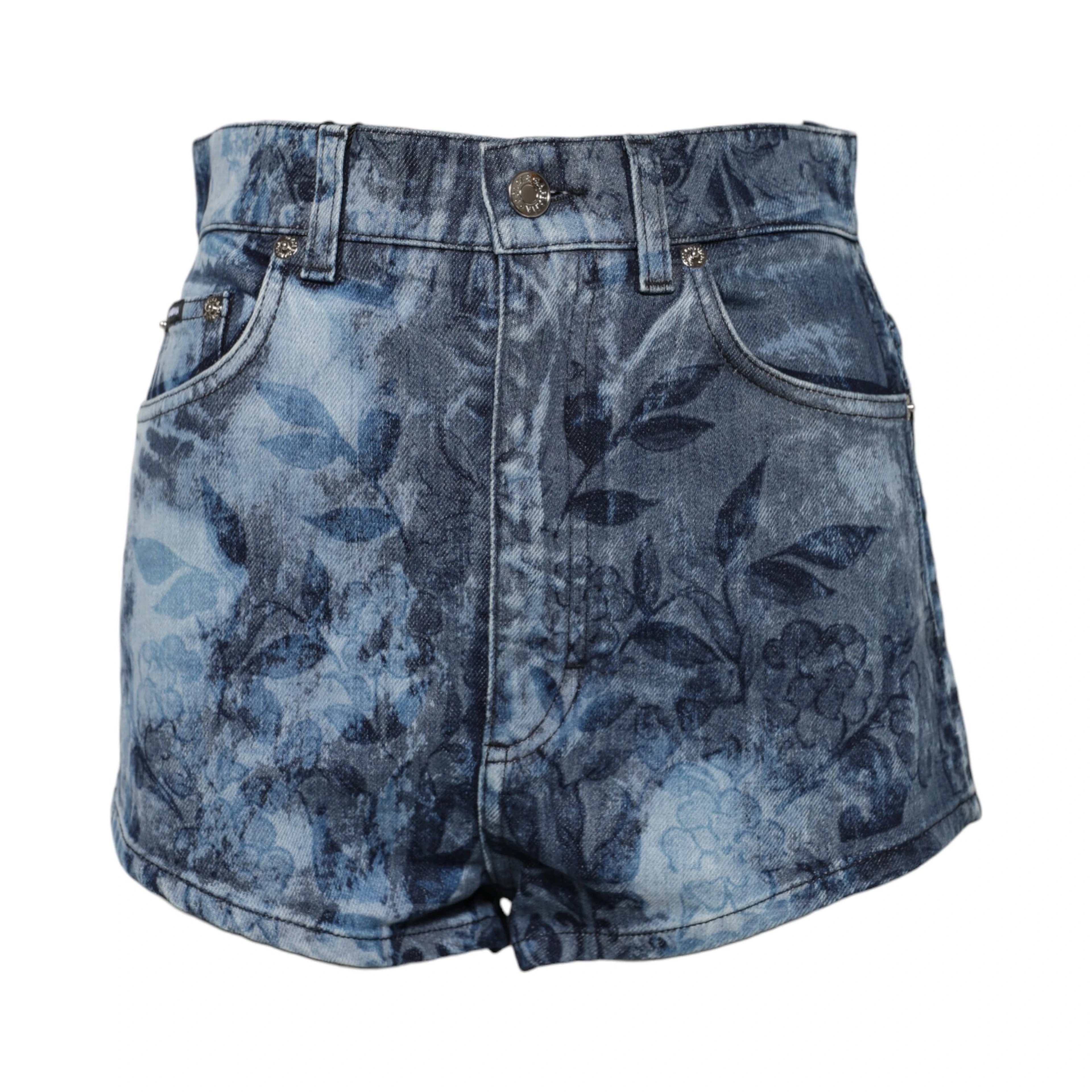 Blue Floral Print Denim Cotton Hot Pants Shorts