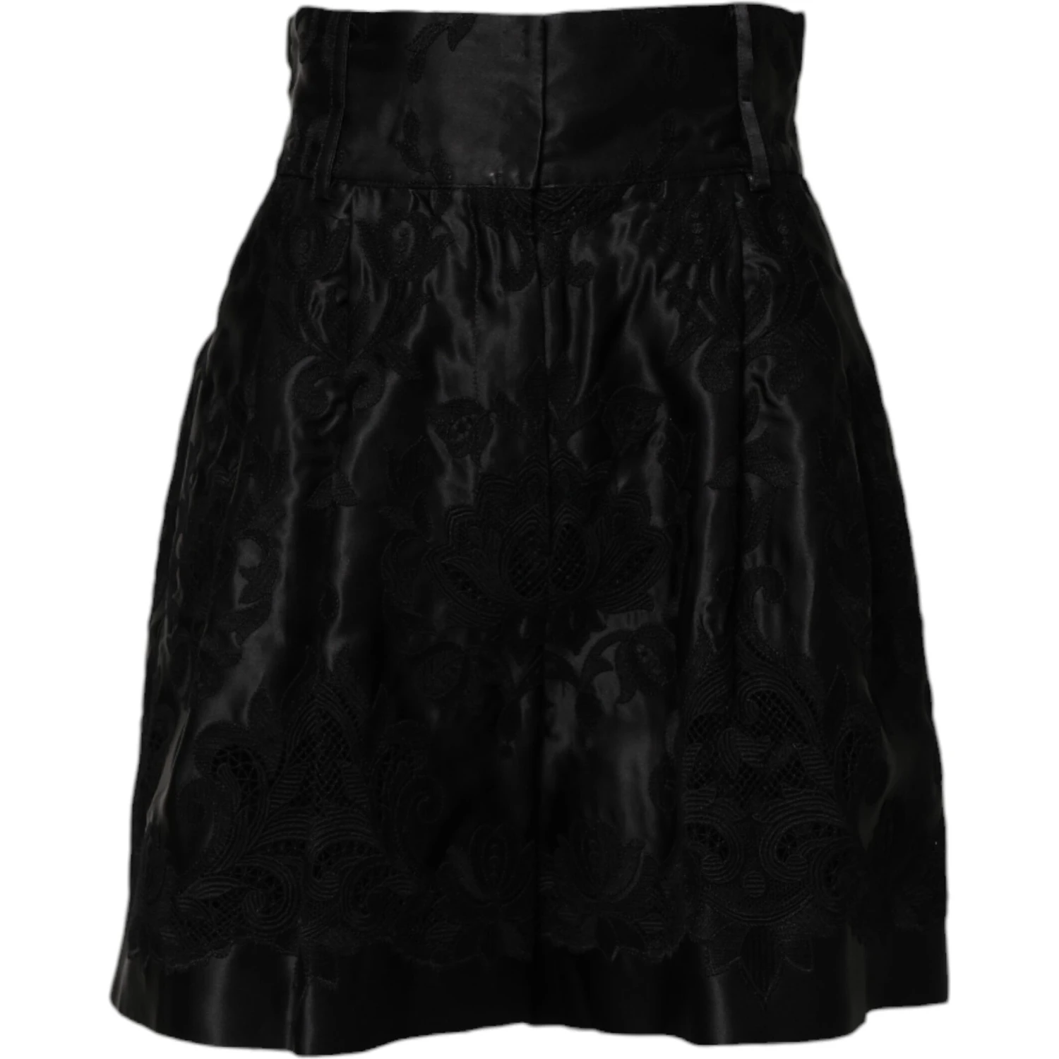 Black Floral Embroidery Silk High Waist Shorts