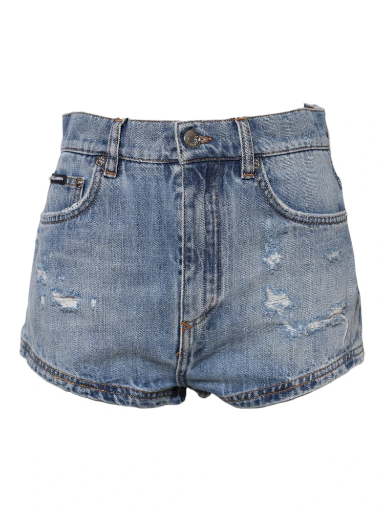 Blue Logo Plaque Denim Cotton Hot Pants Shorts