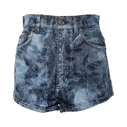 Blue Floral Print Denim Cotton Hot Pants Shorts