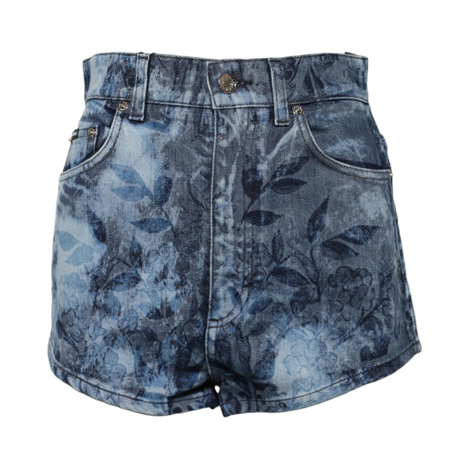 Blue Floral Print Denim Cotton Hot Pants Shorts