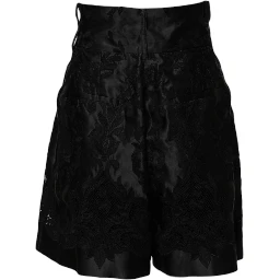 Black Floral Embroidery Silk High Waist Shorts