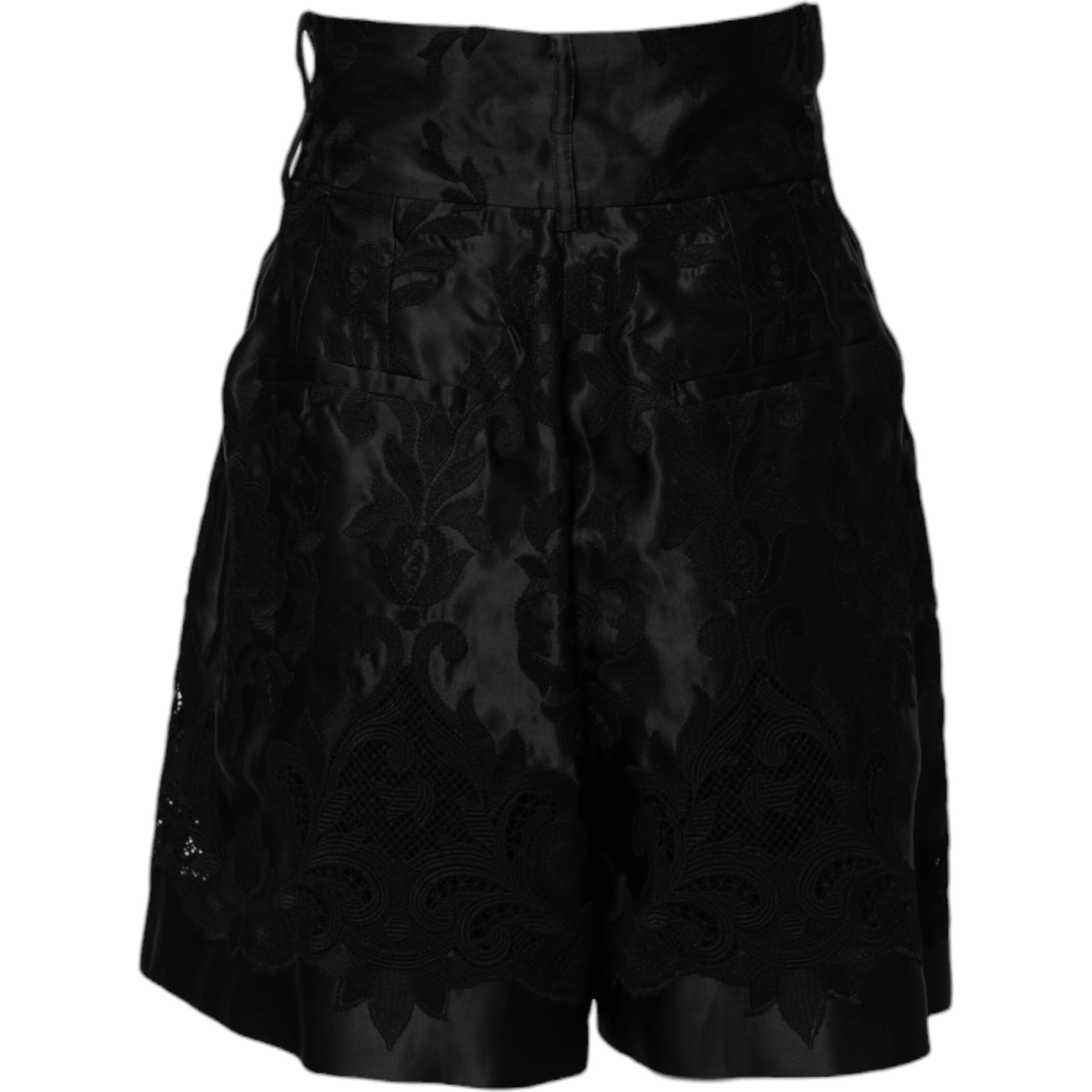 Black Floral Embroidery Silk High Waist Shorts