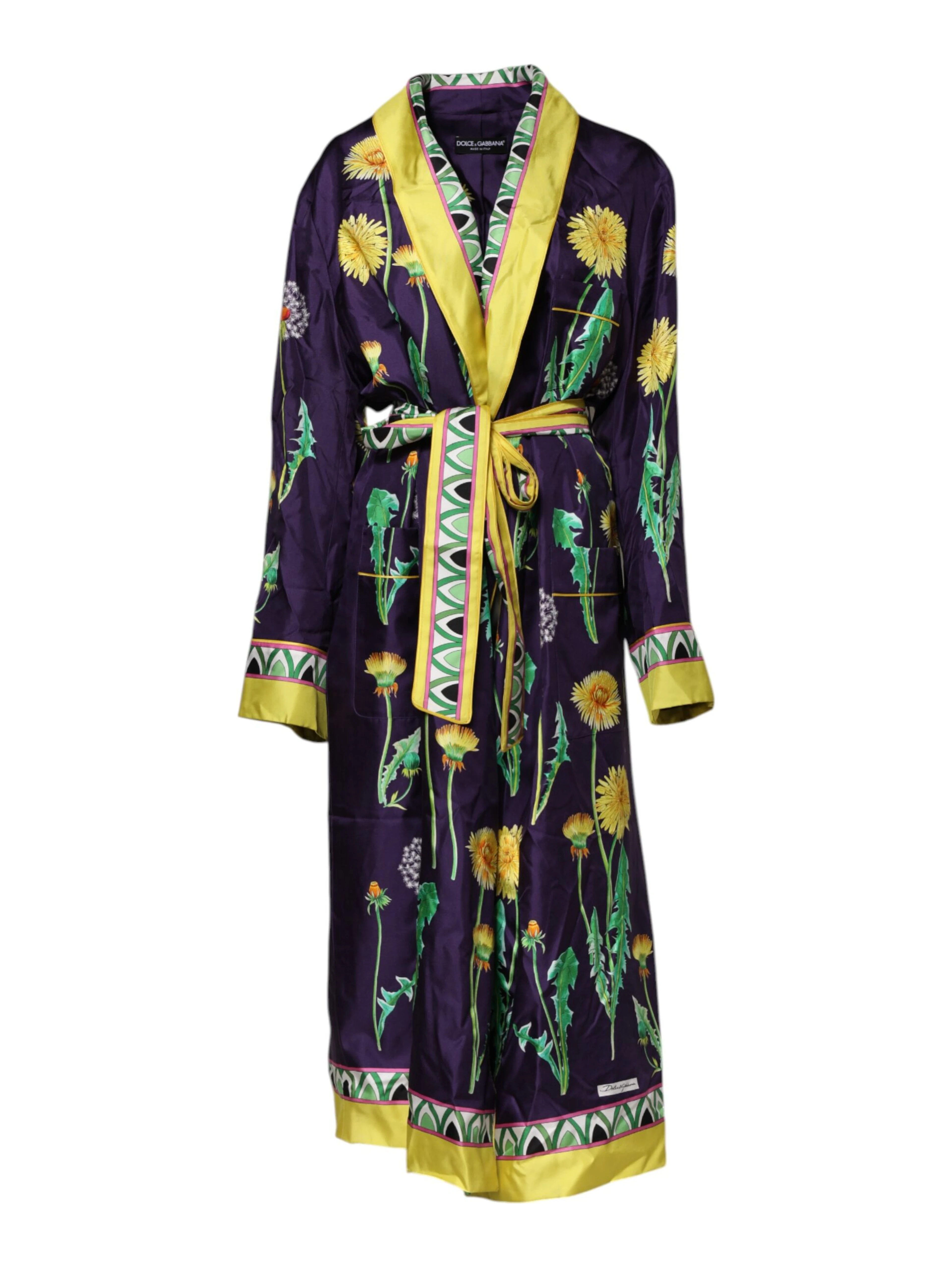 Blue Floral Print Silk Long Sleeves Wrap Robe