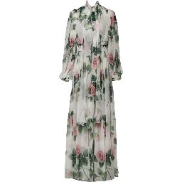White Floral Roses Silk Maxi Long Gown Dress