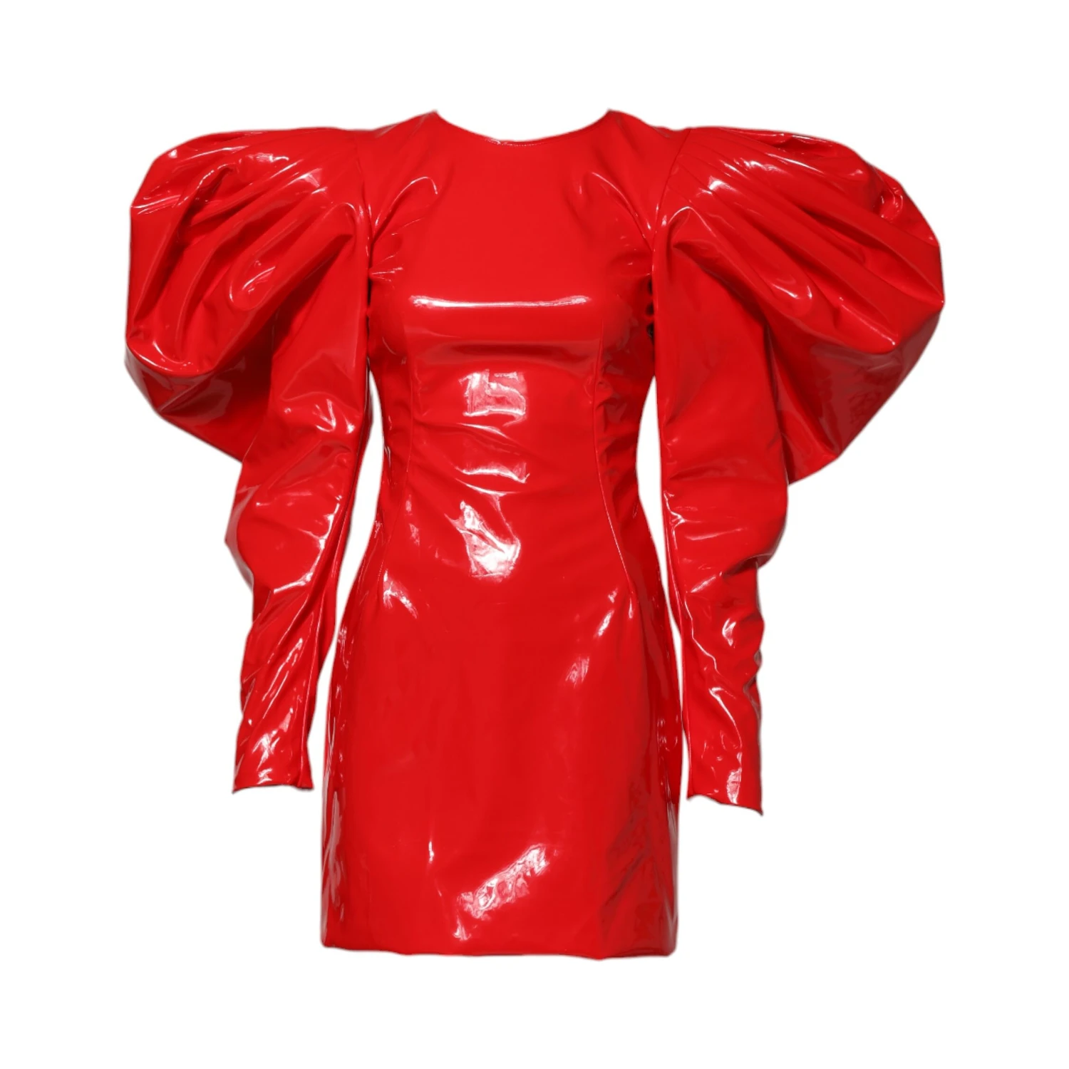 Red Patent Leather Puff Sleeves Mini Dress