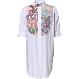 White Printed Collared Button Mini Shirt Dress