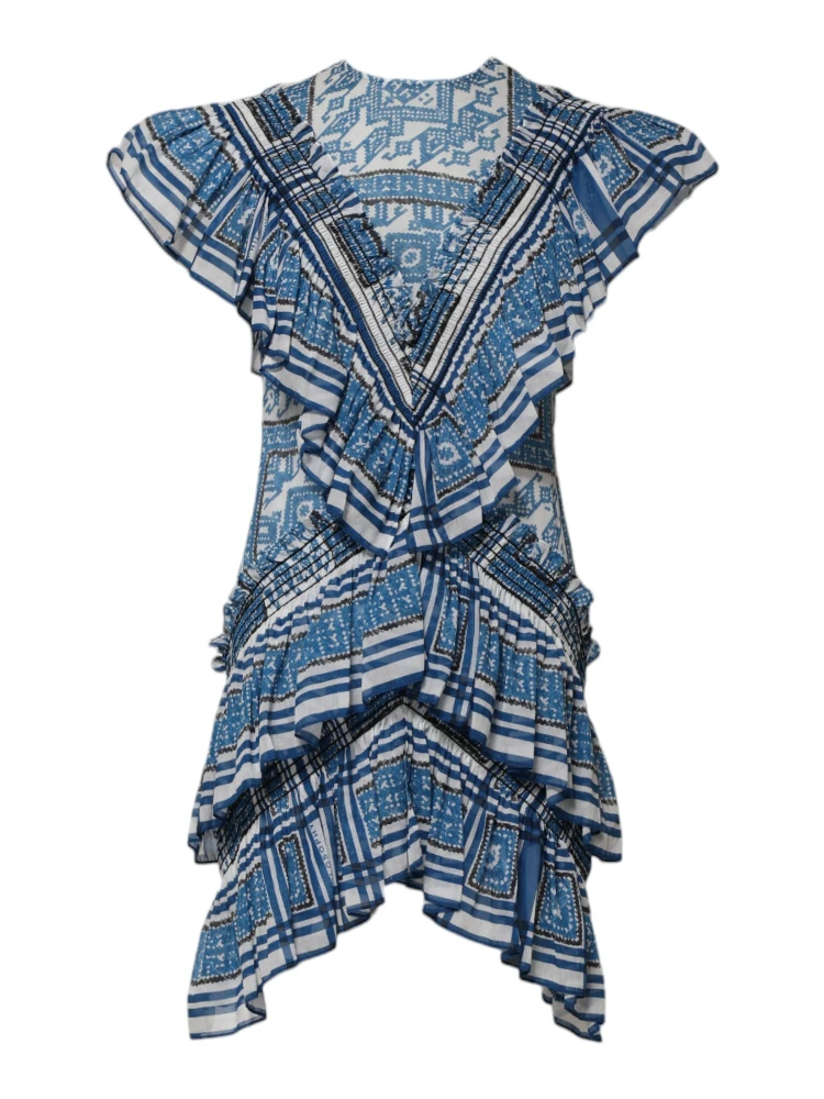 Blue Patterned Layered Short Sleeves Mini Dress