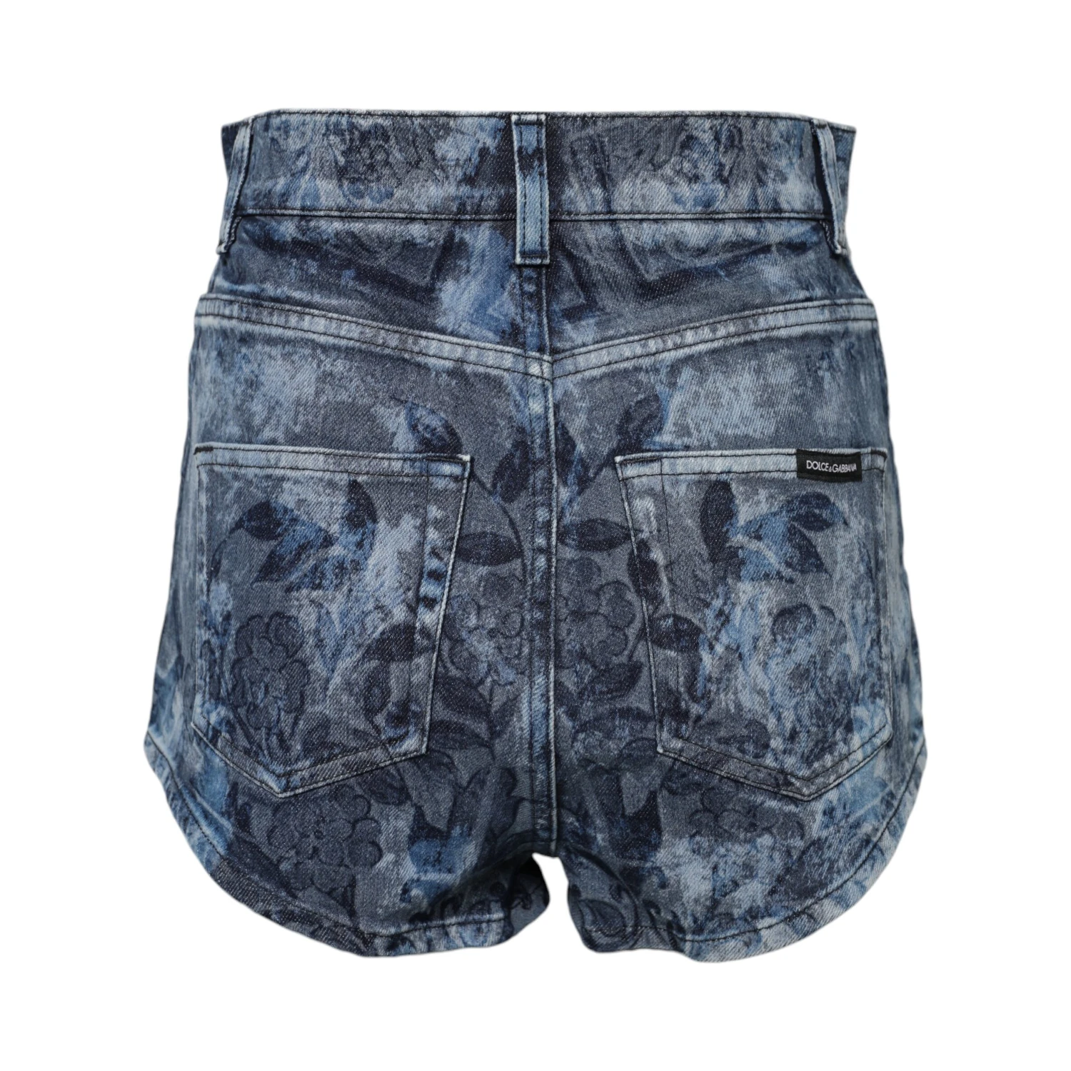 Blue Floral Print Denim Cotton Hot Pants Shorts