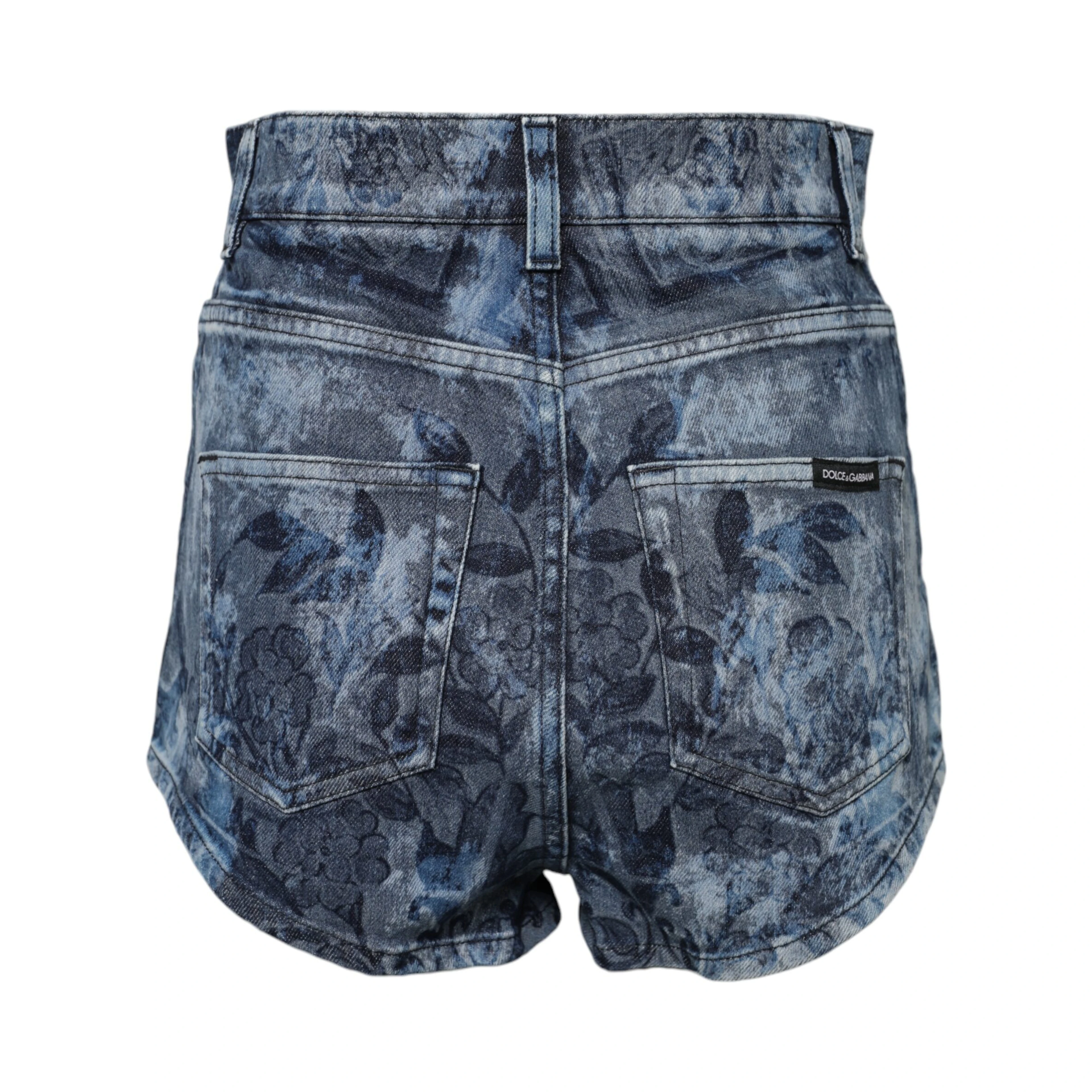 Blue Floral Print Denim Cotton Hot Pants Shorts