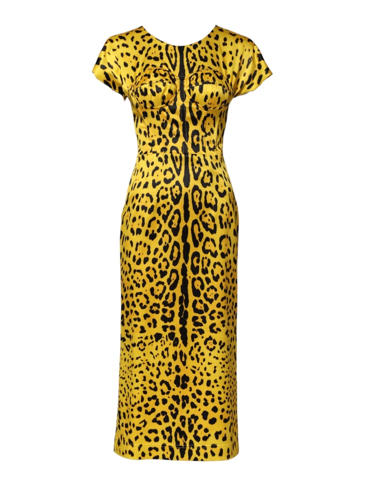 Yellow Polyester Leopard Midi Sheath Dress