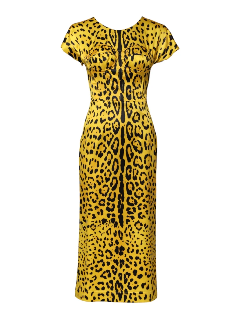 Yellow Polyester Leopard Midi Sheath Dress