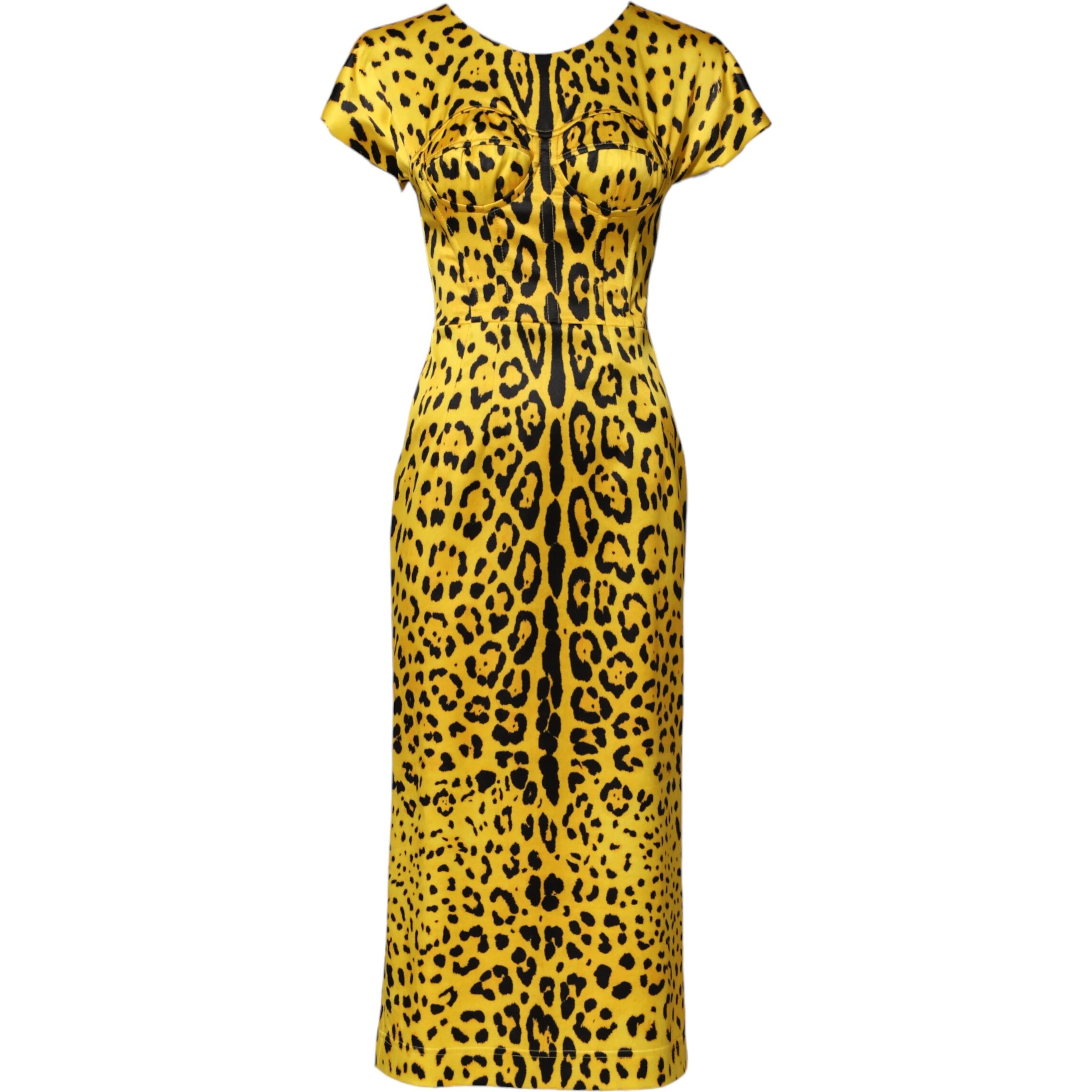 Yellow Polyester Leopard Midi Sheath Dress