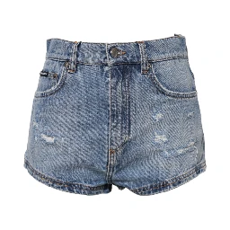 Blue Logo Plaque Denim Cotton Hot Pants Shorts