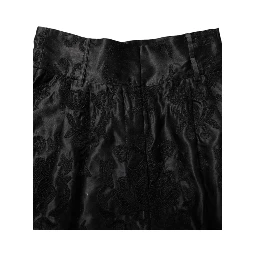 Black Floral Embroidery Silk High Waist Shorts
