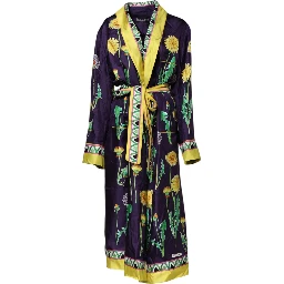 Blue Floral Print Silk Long Sleeves Wrap Robe