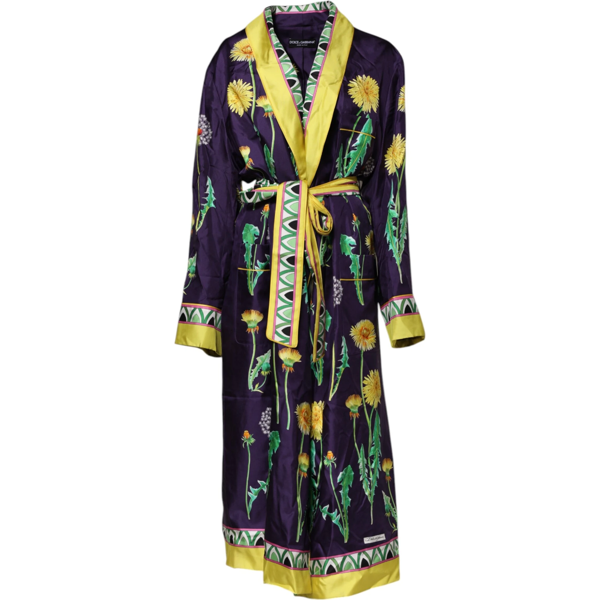 Blue Floral Print Silk Long Sleeves Wrap Robe
