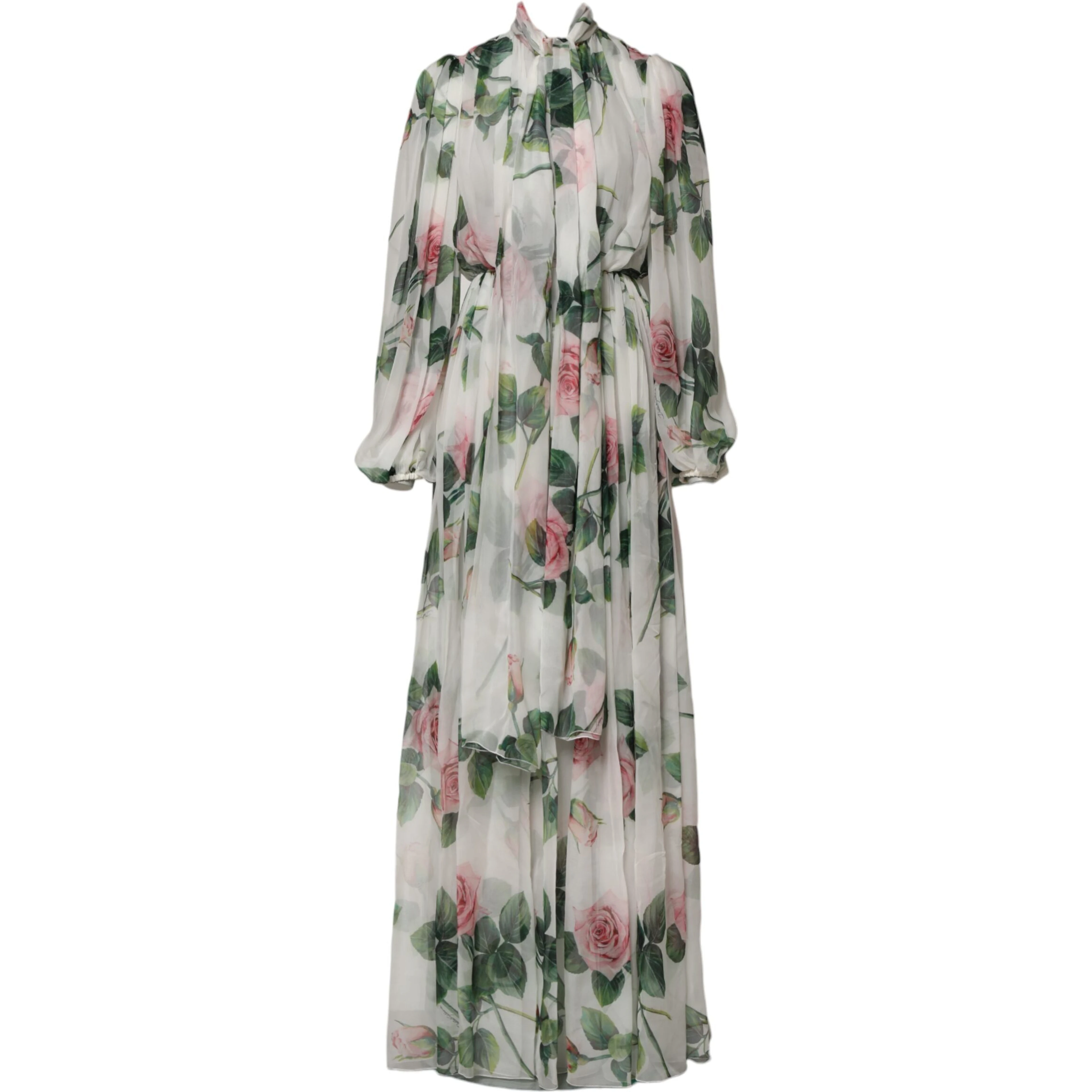 White Floral Roses Silk Maxi Long Gown Dress