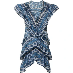 Blue Patterned Layered Short Sleeves Mini Dress