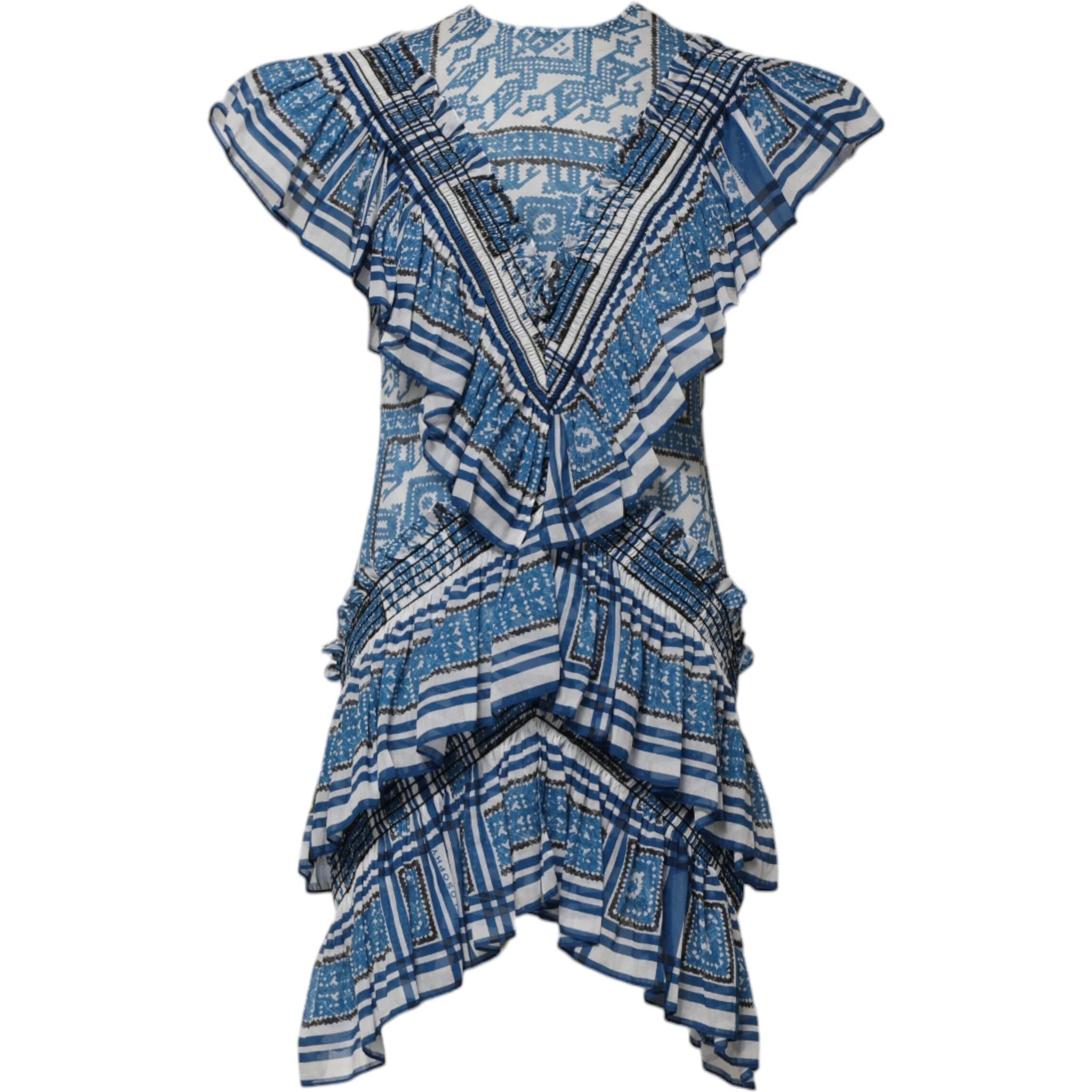 Blue Patterned Layered Short Sleeves Mini Dress