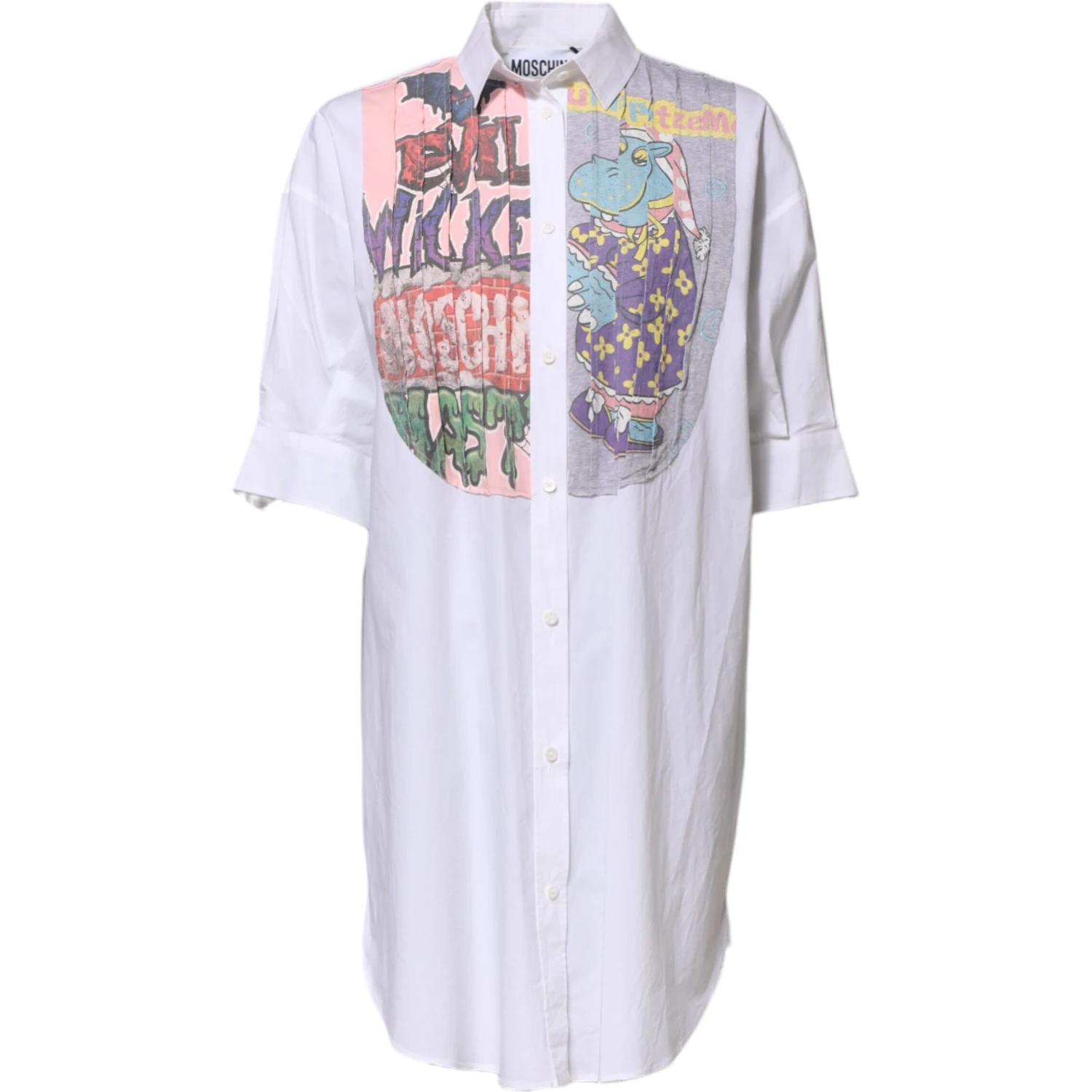 White Printed Collared Button Mini Shirt Dress
