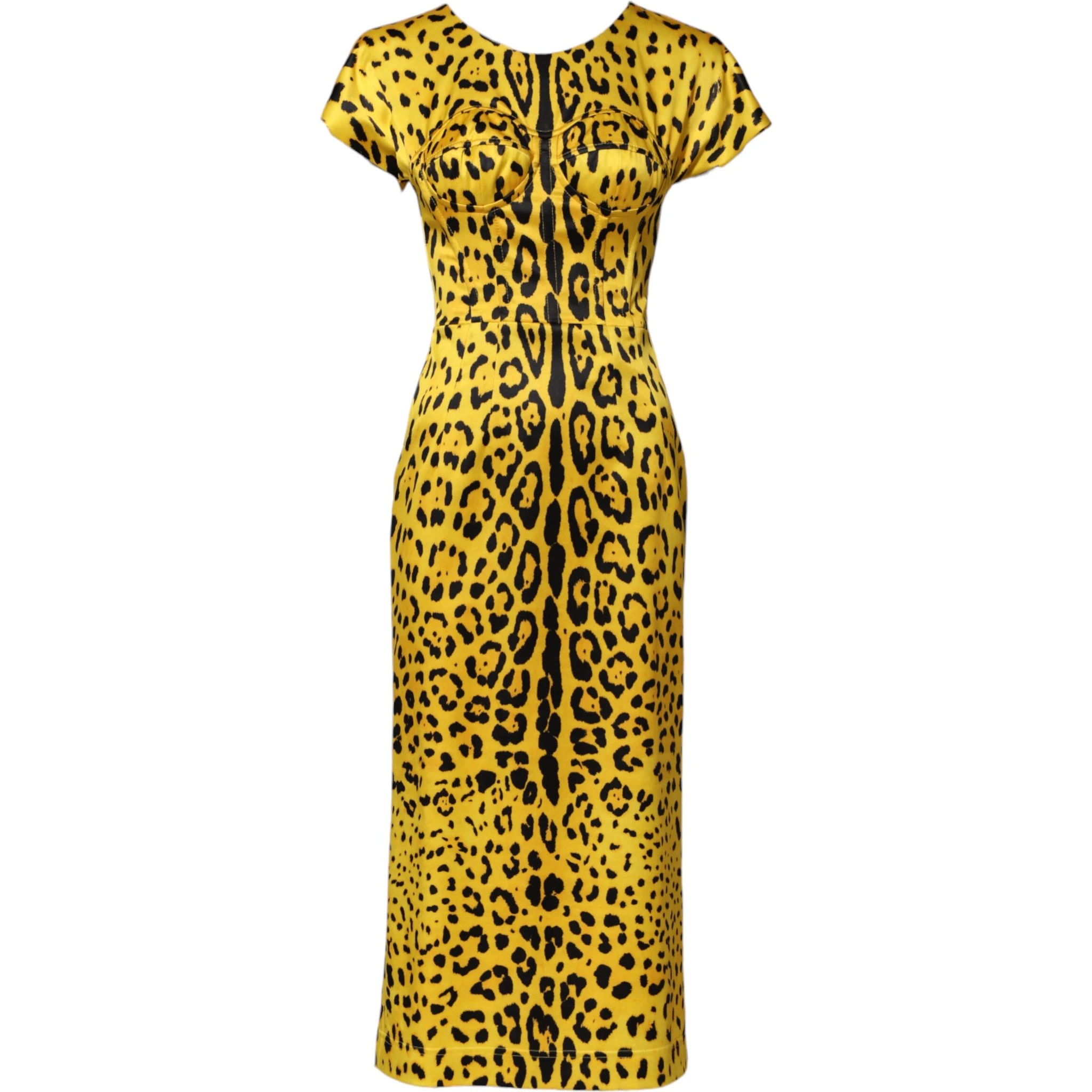 Yellow Polyester Leopard Midi Sheath Dress