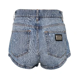 Blue Logo Plaque Denim Cotton Hot Pants Shorts