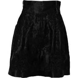 Black Floral Embroidery Silk High Waist Shorts