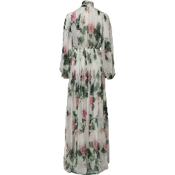 White Floral Roses Silk Maxi Long Gown Dress