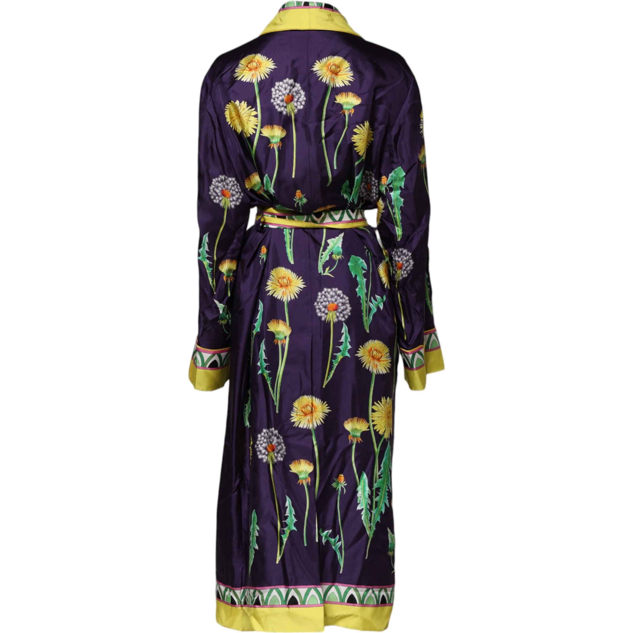 Blue Floral Print Silk Long Sleeves Wrap Robe