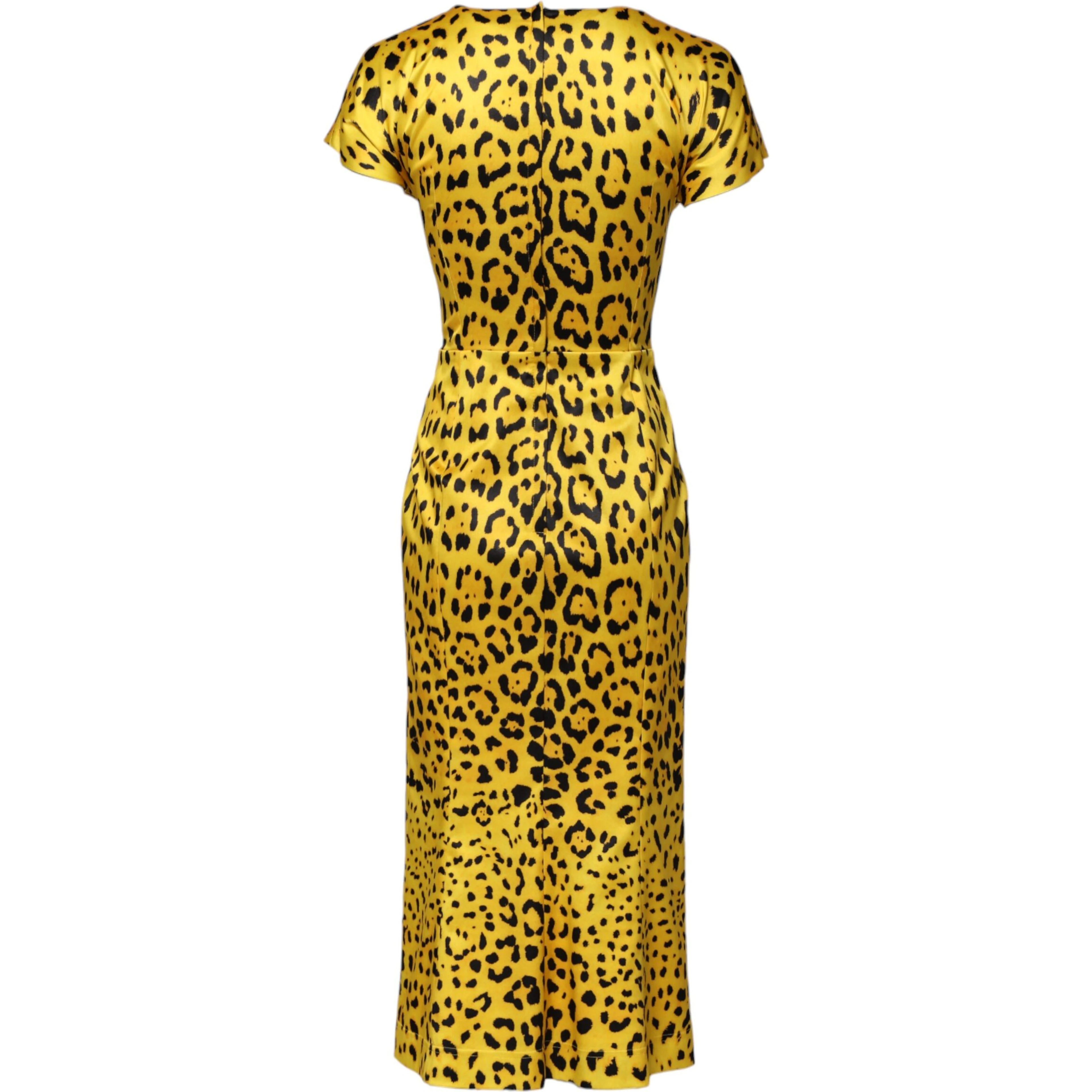 Yellow Polyester Leopard Midi Sheath Dress
