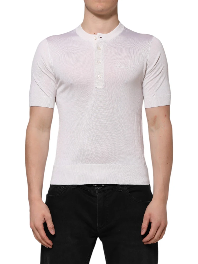 White Silk Short Sleeves Men Henley T-shirt