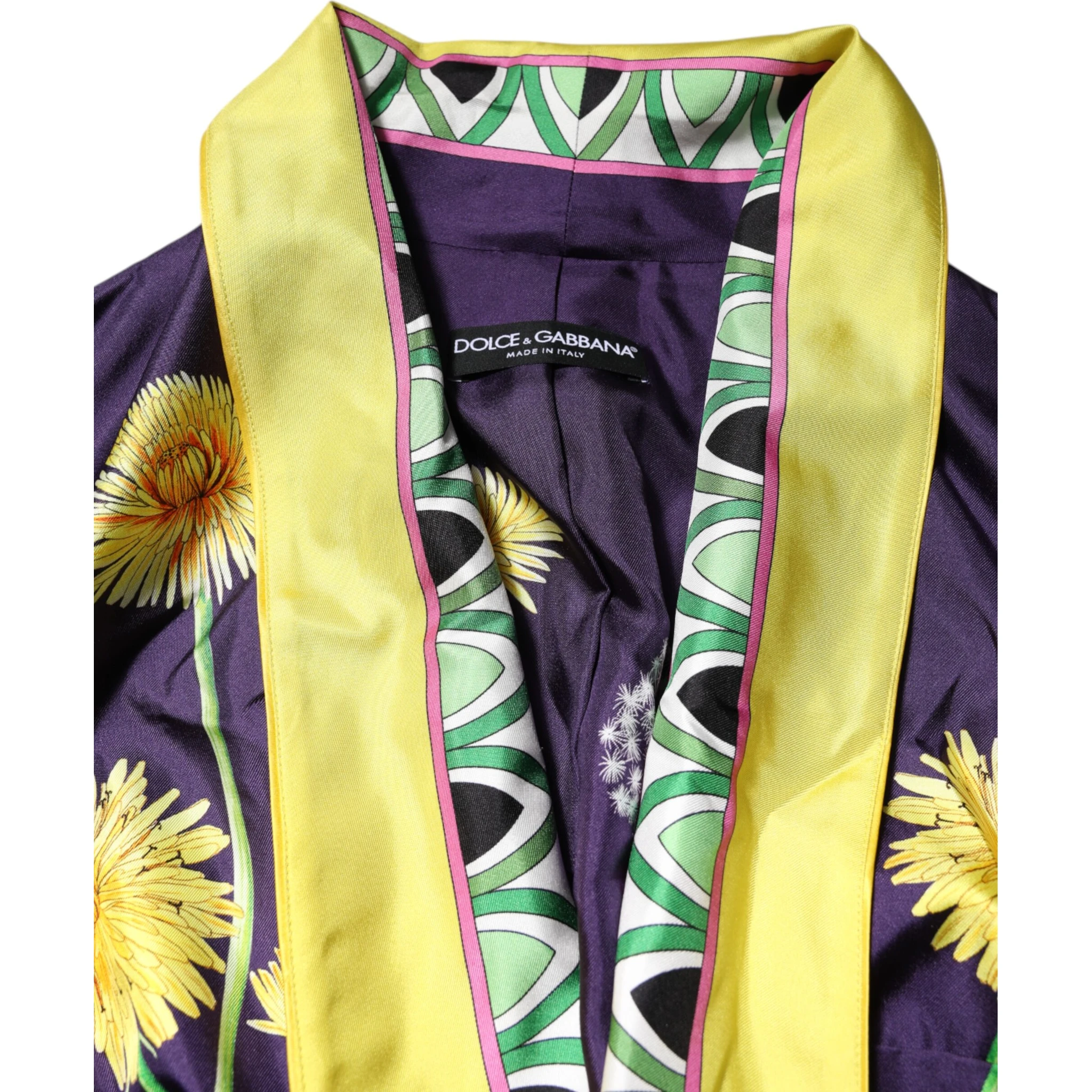 Blue Floral Print Silk Long Sleeves Wrap Robe