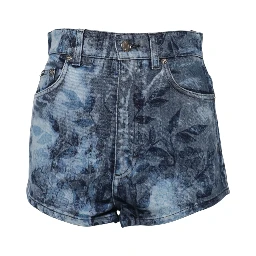 Blue Floral Print Denim Cotton Hot Pants Shorts
