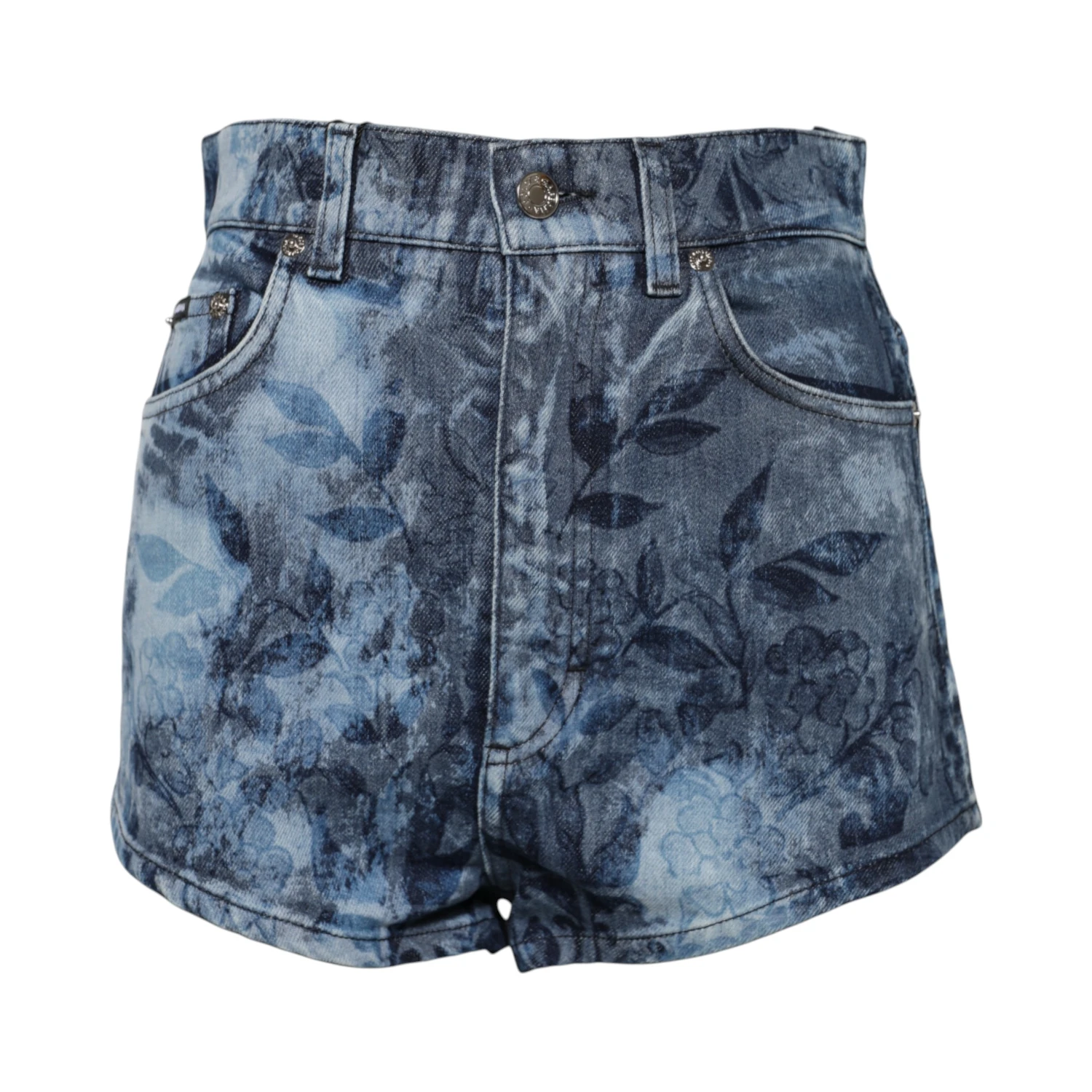 Blue Floral Print Denim Cotton Hot Pants Shorts