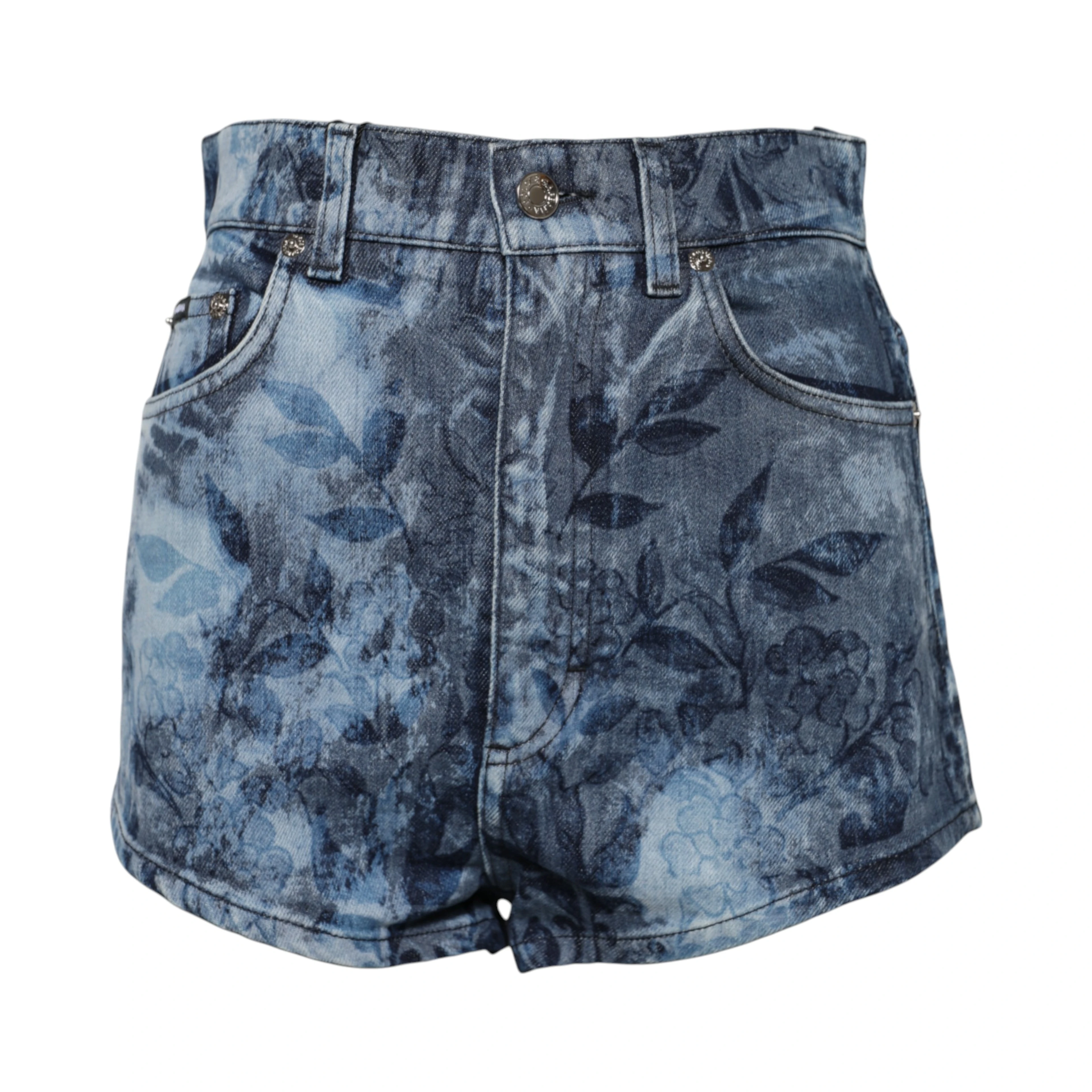Blue Floral Print Denim Cotton Hot Pants Shorts