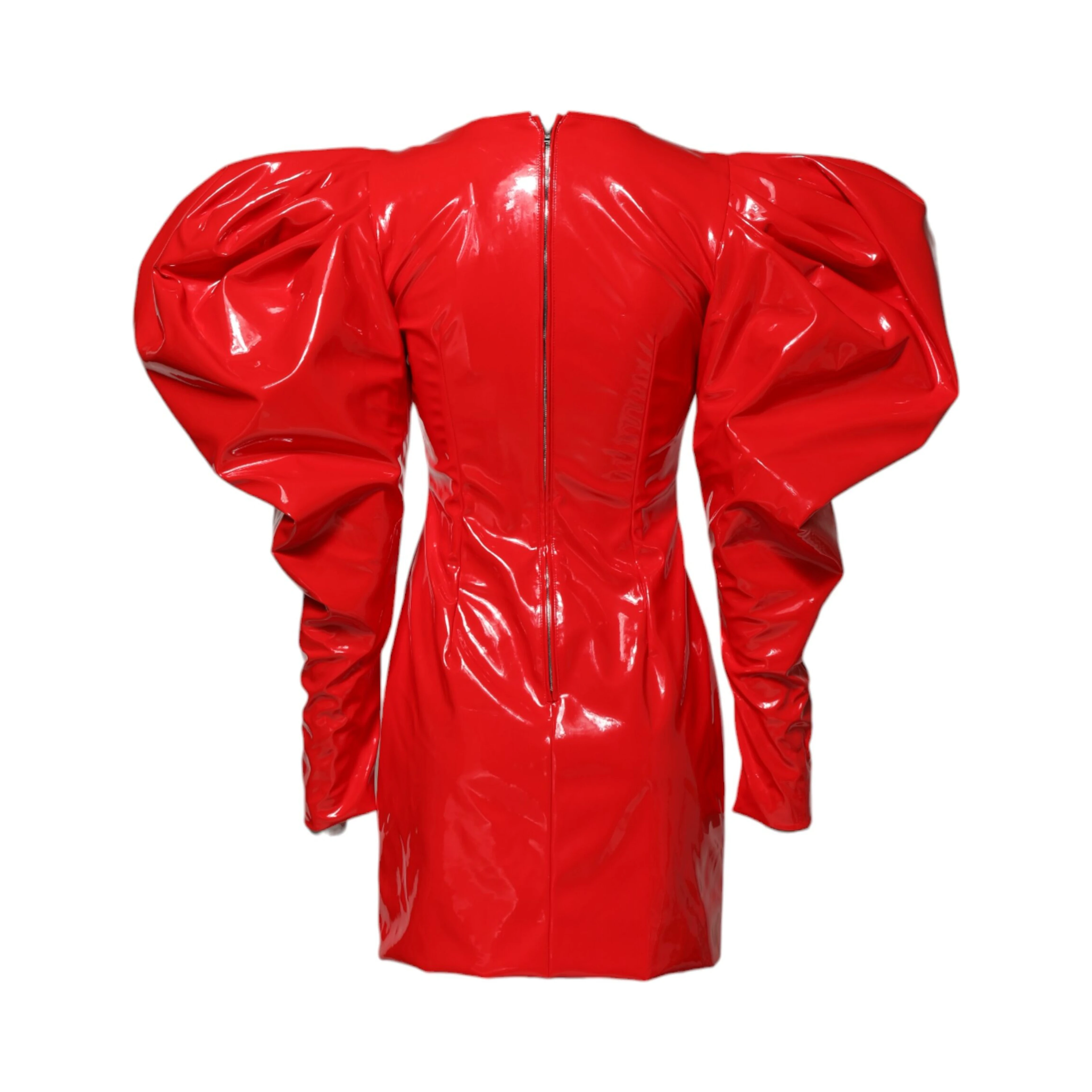 Red Patent Leather Puff Sleeves Mini Dress